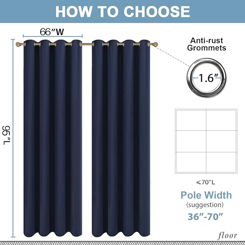 Diraysid Navy Blue Grommet Blackout Curtains for Bedroom Thermal Insulated Room Darkening Curtains Drapes, 66 x 95 inch, 2 Panels - color: Navy Blue, size: 66"W x 95"L (Pack of 2)