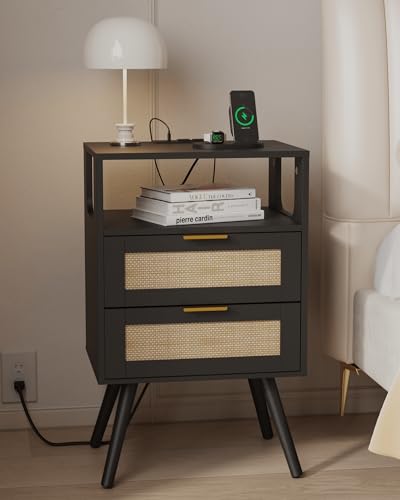 Rattan Nightstand with Charging Station,Farmhouse Bedside Table with 2 Storage Drawer and Open Wood Shelf, for Bedroom and Small Spaces,Night Stand with Solid Wood Legs (Black-Outlet) - color: Black-outlet