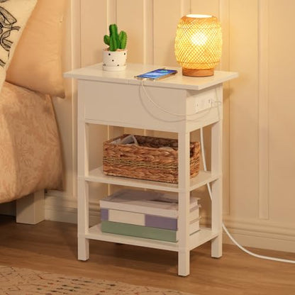HOOBRO End Table with Charging Station, Flip Top Side Table with USB Ports, Narrow Nightstand Bedside Tables with Storage Shelves, for Small Space, Living Room, White WT141UBZ01 - color: White