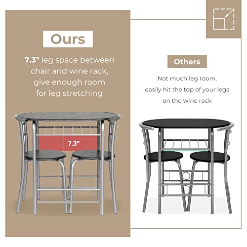 VINGLI 3 Piece Dining Set,Small Kitchen Table Set for 2,Breakfast Table Set,Kitchen Wooden Table and 2 Chairs for Small Space/Dining Room/Apartment,Metal Frame,Wine Rack,Sliver&Black - color: Sliver&black