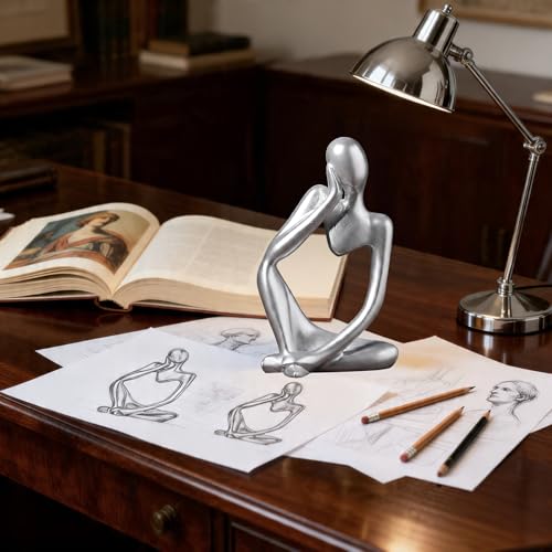 Silver Resin Thinker Statue, Abstract Style Sculpture Figurines for Home Office Bookshelf Desktop Decor, Modern Art Collectible & Great Gifts Ideas - color: Silver-right