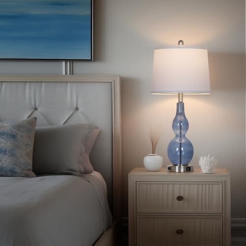 Rinweey 27.5" Coastal Blue Glass Double Gourd Table Lamp Set of 2,3-Way Dimmable Touch Control Bedside Lamps with USB Ports and AC Outlet, Nautical Nightstand Lamps for Bedroom Living Room - color: Blue