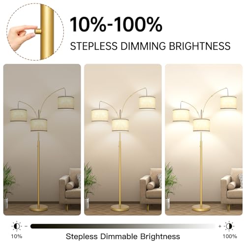 Dimmable Floor Lamp, 3 Lights Gold Arc Floor Lamp, Modern Tall Standing Tree Lamp with White Linen Shades & Heavy Base, 3000LM LED Bulbs, Bright Lighting for Living Room, Bedroom, Office & Reading - color: Gold-White Shade