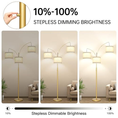 Dimmable Floor Lamp, 3 Lights Gold Arc Floor Lamp, Modern Tall Standing Tree Lamp with White Linen Shades & Heavy Base, 3000LM LED Bulbs, Bright Lighting for Living Room, Bedroom, Office & Reading - color: Gold-White Shade