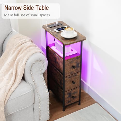 Narrow End Table with Charging Station, Small Nightstand | Skinny Side Tables Living Room with 3 Fabric Drawers, Slim Bedside Table with LED Lights for Bedroom, Small Spaces, Brown - color: Rustic Brown, size: 27.55''H (3 Drawers), style: Power + Light