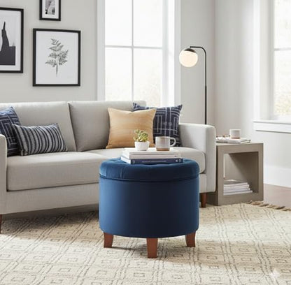 HomePop 19" Velvet Button Tufted Round Storage Ottoman - Navy Blue - color: Navy Blue