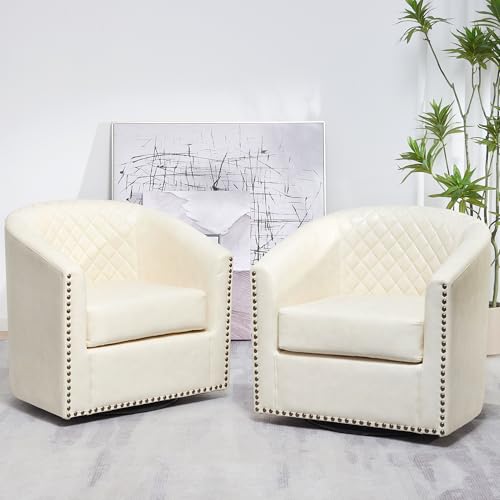 KINWELL 29" W Faux Leather Tufted PU Swivel Barrel Chairs Set of 2, Cream | No Assembly Vegan Leather Upholstered Swivel Accent Chairs with Nailhead Trim, Small Armchairs for Small Spaces Apartment - color: Cream, style: Set of 2