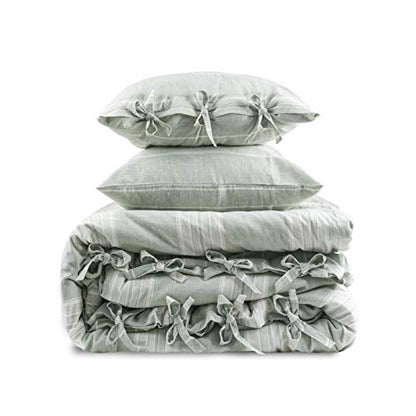 BISELINA Striped Duvet Cover Set 3pcs 100% Washed Cotton Linen Like Textured with Bowknot Bow Ties Strap Reversible Breathable Soft Comfy Chic Yarn Dyed Bedding (Full, Grayish Green) - color: Grayish Green, size: Full