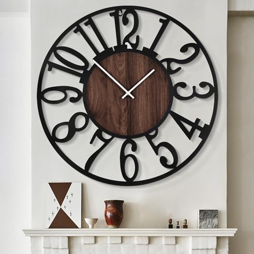LEIKE Extra Large Wall Clocks,Silent Little Ticking,Battery Operated Vintage Round Modern Wood Wall Clock for Living Room, Bedroom,Farmhouse,Office Home Decor-32 Inch(Black-Arabic Number) - color: Black Wood-arabic Number, size: 32 IN