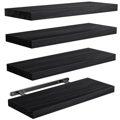 Amada Paulownia Wood Floating Shelves for Wall, Set of 4, Black | Wall Shelves with Solid Metal Concealed Brackets, 22 lbs Capacity per Shelf, Includes Drilling Template, Flexible 4-Piece Set - color: Black, size: 4