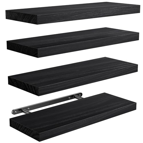 Amada Paulownia Wood Floating Shelves for Wall, Set of 4, Black | Wall Shelves with Solid Metal Concealed Brackets, 22 lbs Capacity per Shelf, Includes Drilling Template, Flexible 4-Piece Set - color: Black, size: 4