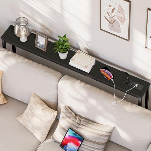 HOOBRO 47.2" Narrow Console Table with Power Outlet, 5.9" Behind Couch Table with Charging Station, Long Sofa Side Table, Skinny Entryway Table for Living Room, Hallway, Foyer, Black BB15XG01G1 - color: Black, size: 47.2"L x 5.9"W x 31.5"H