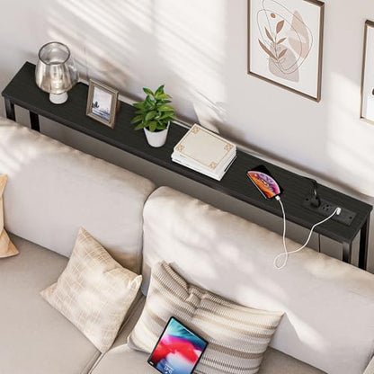 HOOBRO 47.2" Narrow Console Table with Power Outlet, 5.9" Behind Couch Table with Charging Station, Long Sofa Side Table, Skinny Entryway Table for Living Room, Hallway, Foyer, Black BB15XG01G1 - color: Black, size: 47.2"L x 5.9"W x 31.5"H