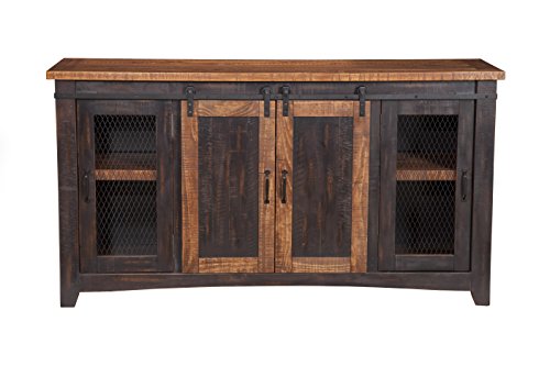 Martin Svensson Home Rustic 65" Wood Entertainment Center, Black and Honey | Solid Pine, TV Stand, Sliding Doors, Adjustable Shelves & Cable Management, for TVs up to 70" - color: Antique Black and Aged Distressed Pine