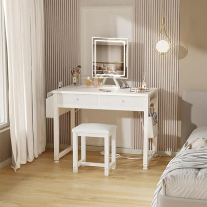 Lufeiya Small Makeup Vanity Desk with Fabric Drawers, 32 inch White Vanity Desks with Mirror and Light, Dressing Table and Chair Set with Power Outlet for Girls Bedroom, White - style: White