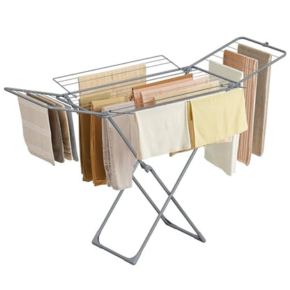 SONGMICS Clothes Drying Rack, Metal Laundry Drying Rack, Foldable, Space-Saving, Free-Standing Airer, with 4 Gullwings, Indoor Outdoor Use, Bed Linen Clothing, Gray ULLR541G01 - color: Gray, style: 4 Gullwings（31.7"D)