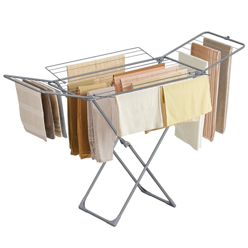 SONGMICS Clothes Drying Rack, Metal Laundry Drying Rack, Foldable, Space-Saving, Free-Standing Airer, with 4 Gullwings, Indoor Outdoor Use, Bed Linen Clothing, Gray ULLR541G01 - color: Gray, style: 4 Gullwings（31.7"D)