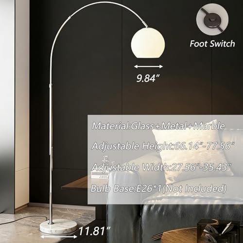 Modern White Arc Floor Lamp for Living Room,77 in Tall | Milk Glass Lampshade,Marble Base,Soft Diffused Glow,Extendable Chrome Arm,Ideal for Couch and Bedroom,Adjustable Height - color: White-Glass