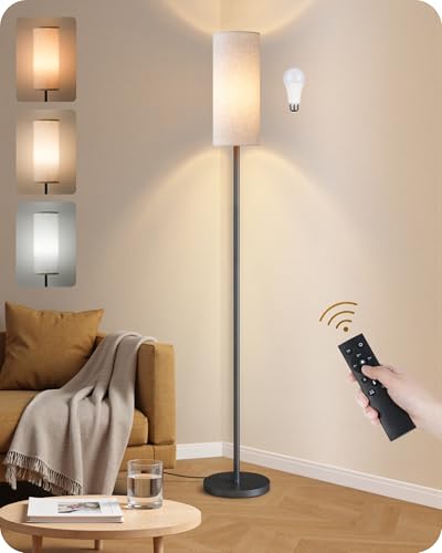 Dimmable Floor Lamp for Living Room with Remote and Foot Switch, Corner Floor Lamp, 64.4" Standing Tall Lamp, 10W 900LM LED Bulb Included, 3000K-6500K, Linen Shade, Weighted, FCC Listed W06LD05W1 - color: White