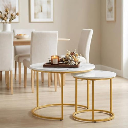 Round Nesting Coffee Table Set of 2, Stacking Minimalist End Table | Modern Marble Pattern Wooden Nesting Tables for Living Room Bedroom Small Space, White Top and Gold Leg - color: Glod Leg+white Top