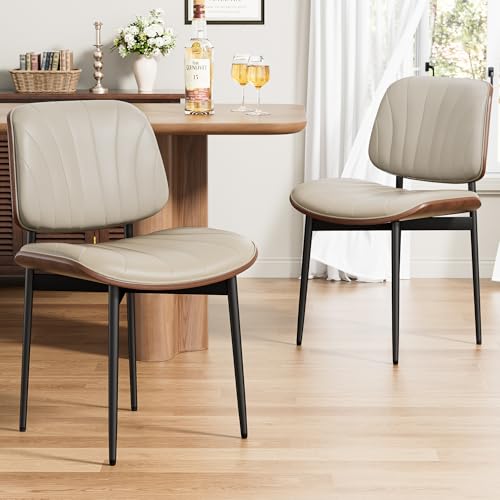Dining Chairs Set of 2, Mid-Century Modern Upholstered PU Leather Chairs | with Walnut Bentwood Back and Metal Legs Adjustable Feet for Kitchen Dining Room, Greige Shell Strips - color: Greige Shell Strips