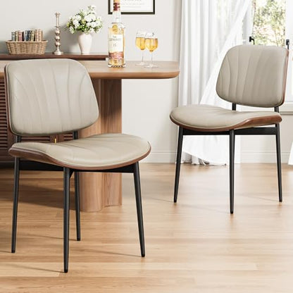 Dining Chairs Set of 2, Mid-Century Modern Upholstered PU Leather Chairs | with Walnut Bentwood Back and Metal Legs Adjustable Feet for Kitchen Dining Room, Greige Shell Strips - color: Greige Shell Strips