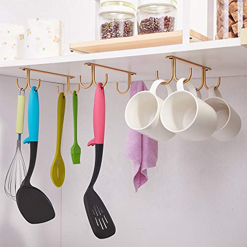 FOMANSH Mug Rack Under Cabinet - Coffee Cup Holder, 8 Mugs Hooks Under Shelf, Display Hanging Cups Drying Hook for Bar Kitchen Utensils Gold - color: Gold, size: 2 Pack