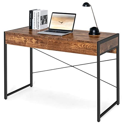 Tangkula Industrial Computer Desk with 2 Drawers, Simple Study Writing Desk with Drawers, 44 Inches Laptop PC Workstation, Student Desk Home Office Desk Ideal for Bedroom & Office (Rustic Brown) - color: Rustic Brown