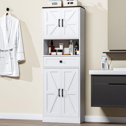 Farmhouse Kitchen Pantry Cabinet, 67" Tall Kitchen Storage Cabinet, Kitchen Hutch with Microwave Stand & Barn Doors and Drawers for Dining Room, Living Room, Study - color: White, style: Farmhouse