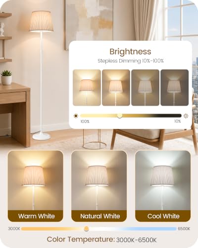 Dimmable Floor Lamp for Living Room, 68" Tall Standing Lamp | Reading Light with Remote & Foot Pedal, 10W LED Bulb (3000K-6500K), FCC Listed, Reinforced Base, White WW12LD05 - color: White