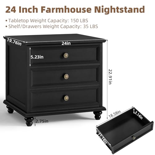 Joaxswe 24" Wide Farmhouse Night Stand,Large End Table with 3 Drawers & Metal Handle,Black Wood Dresser for Bedroom Cabinet, Bed Side Tabl·e Chest of Drawers,Nightstand for Living Room,Close - color: Black, size: 24"W (3 Drawers)