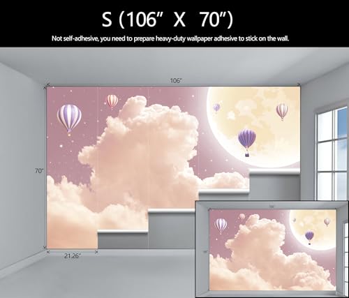 Pink and Purple Clouds Wallpaper Mural for Girls Room | Hot Air Balloons Moon Wall Mural 106"x70" Not Peel and Stick - color: Art Wall-66, size: 106" x 70"