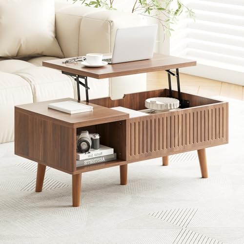 Coffee Table with Lifting Top,Wooden Fluted Coffee Table with Hidden Storage Space,2 Open Storage Compartments,Solid Wood Legs,Suitable for Living Room,Apartment,Office. (C-Lift Coffee Table-Walnut) - color: C-lift Coffee Table-walnut