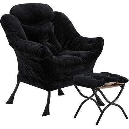 Youtanic Lazy Chair with Folding Ottoman, Accent Chair Plush Upholstered with Metal Structure and Non-Slip Pads, Sofa Armchair with Footrest and Side Storage Bag for Dorm, Room, Office, Black - color: Plush Black