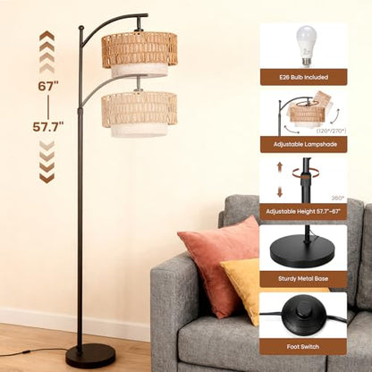 Rattan Floor Lamp with 12W LED Bulb, 57.5"-67" Adjustable Height Boho Standing Lamp, 3 Color Temperatures, Dual Rattan & Fabric Shades, Angle Adjustable Floor Lamp for Living Room Bedroom - style: Bohemian-Black
