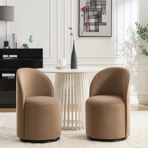 Penau Swivel Dining Chair, Velvet Barrel Seat, Brown | Velvet Upholstery, 360 Degree Swivel, Curved Backrest, Compact Seating For Dining Room And Vanity