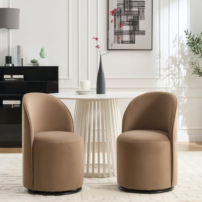 Penau Swivel Dining Chair, Velvet Barrel Seat, Brown | Velvet Upholstery, 360 Degree Swivel, Curved Backrest, Compact Seating For Dining Room And Vanity