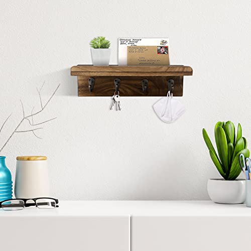 HRONRAD Rustic Key Holder for Wall, Farmhouse Wall Shelf with 4 Hooks, Wall Mounted Key Racks, Wooden Mail Organizer with Hooks for Entryway (Brown) - color: Brown