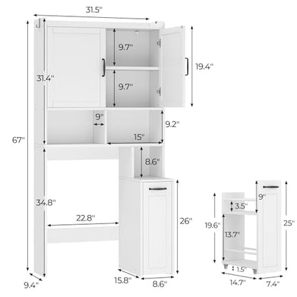Over The Toilet Storage Cabinet with Pulley Small Bathroom Storage Cabinet, Space Saver W/Adjustable Shelf & Open Shelf for Bathroom, Restroom, Laundry (White) - color: White