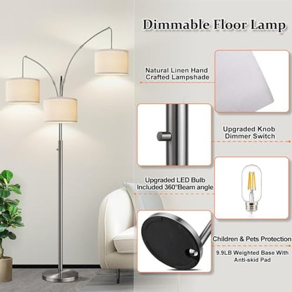 Dimmable Floor Lamp, 3 Lights Sliver Arc Floor Lamp, Modern Tall Standing Tree Lamp with White Linen Shades & Heavy Base, 3000LM LED Bulbs, Bright Lighting for Living Room, Bedroom, Office & Reading - color: Brushed Nickel-White Shade