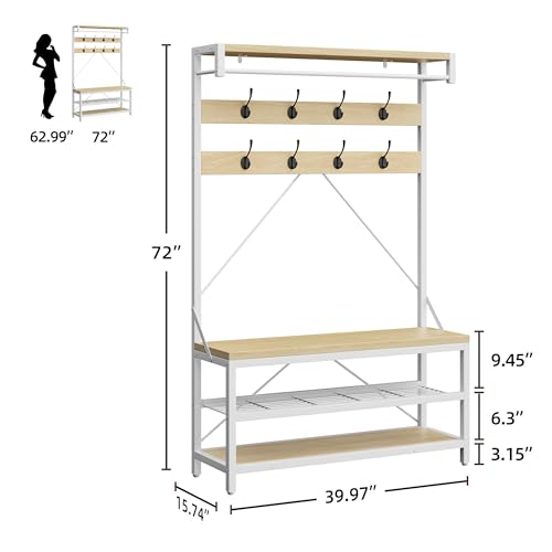 Takywep 72" Coat Rack Shoe Bench, Industrial Hall Tree Storage Bench for Entryway, Wood Look Accent Large Shoe Rack with Storage Shelf Hanging Bar and 8 Hooks - color: White