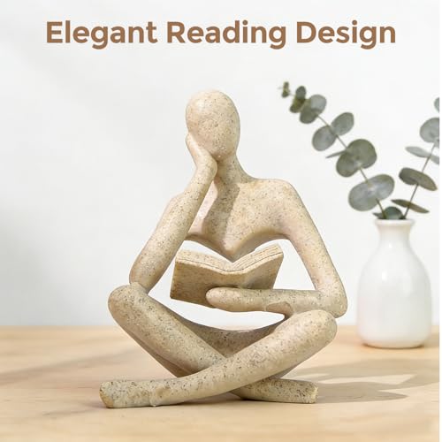 1PC Abstract Reading Thinker Statue, Resin Modern Art Sculpture for Bookshelf Coffee Table Home Office Decor (Beige)