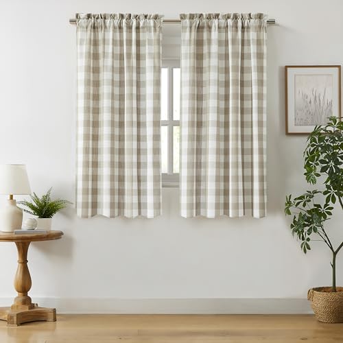 72 Inch Beige White Buffalo Plaid Semi Sheer Curtains Rod Pocket | Cottage Style Window Drapes for Living Room Office,Soft Light Filtering Window Treatment for Bedroom,52"Wx72"L(Pack of 2) - color: Beige/White, size: 52"W x 72"L (Pack of 2)