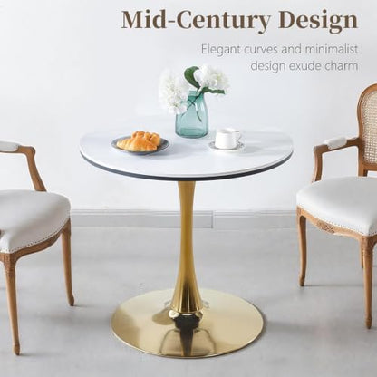 31.5" Round Dining Table, Sintered Stone Tulip Table with Gold Metal Pedestal Base, Modern Leisure Dining Table for Small Space, Kitchen, Dining Room (White and Gold) - color: White and Gold