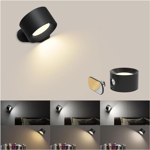 AKSDA Battery Operated Wall Sconce, LED Reading Light, 360-Degree Rotation Magnetic Mounting Rechargeable Cordless Wall Lights with Dimmable 3 Color Temps Touch Control for Bedroom Hallway, 1 Pack - color: Black-1PC