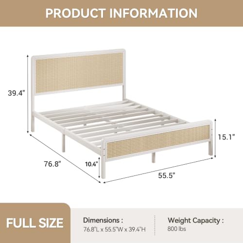 IMMERSTABLE Rattan Full Size Bed Frame with Headboard, Boho Full Metal Platform Bed Frame with Steel Slats, Under Bed Storage, Rounded Corners, No Box Spring Needed, Quiet Design, Easy Assembly, White - color: White, size: Full