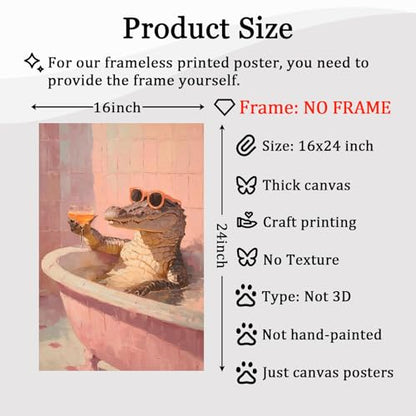 Pink Sunglasses Wall Art Funky Animal Posters Aesthetic Cocktail Picture Animal Drinking Wall Art Funny Bathroom Animals Prints Crocodile Artwork Pink Bathtub Painting Bathroom Humor Poster Frameless - color: G2Unframed