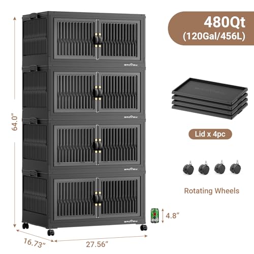 BROVIEW 480Qt Stackable Storage Bins with Lid for Home Dorm, 4Pack Black | Closet Organizers, Foldable & Collapsible Cabinets, Large Containers, Wheels & Magnetic Doors, Plastic Drawers for School - color: Black, size: 120QT-4Pack