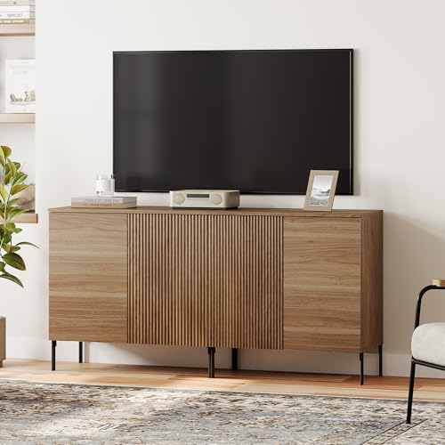 WAMPAT 63" W Fluted TV Stand TVs up to 70",2 in 1 Modern TV Entertainment Center with Storage and Adjustable Shelves, Wood Media TV Consoles Table with Storage for Living Room, Walnut - color: Walnut, size: 63" W
