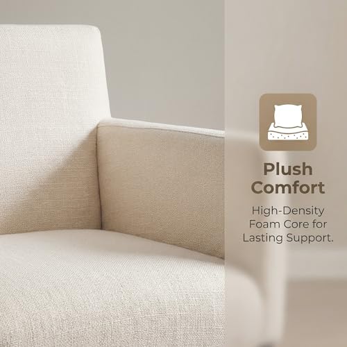 Linen Upholstered Dining Chairs with Arms Set of 2, Mid Century Modern Padded Kitchen Chairs with Black Metal Frame for Restaurant, Dining Room, Cream - color: Cream